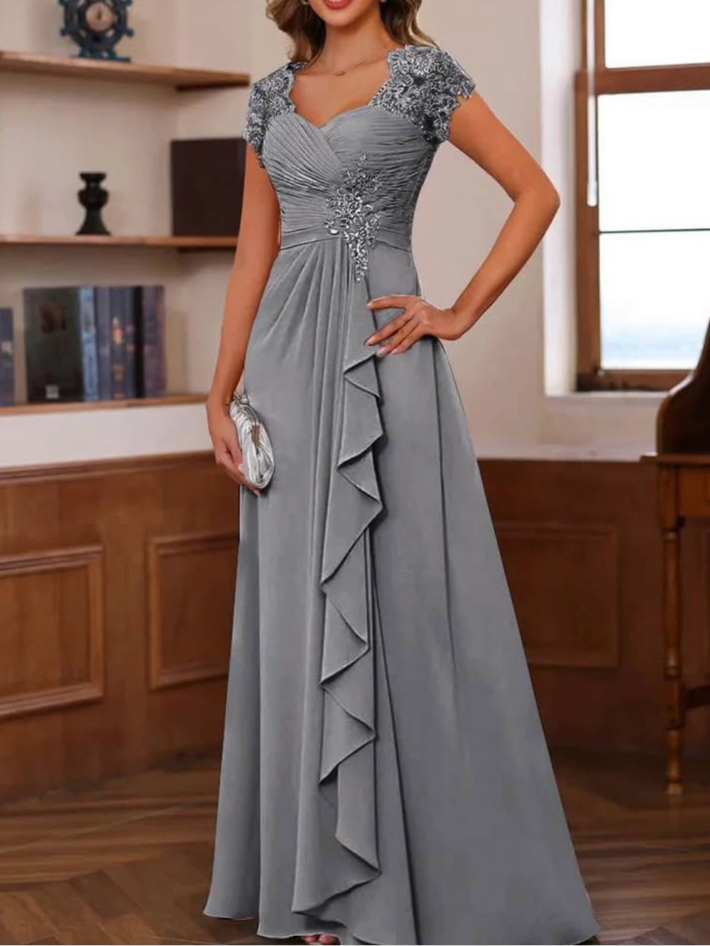 Elegant Grey Embellished V-Neck Evening Dress